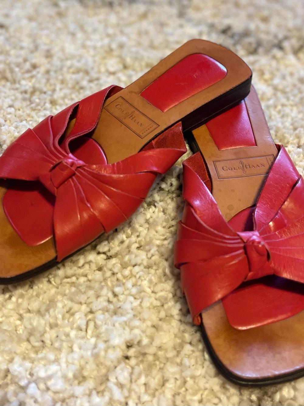 Cole Haan "Resort" Red Leather Knotted Slides Size 6B - 6.5 – Made in Brazil